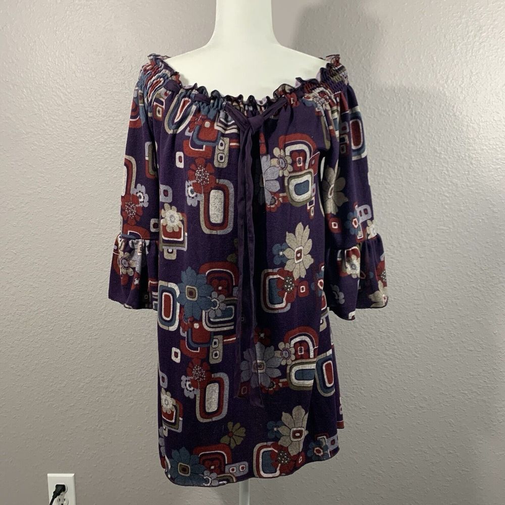 Funky People Purple whimsical Print Boho Dress Bell Sleeve Soft Cozy Lightweight